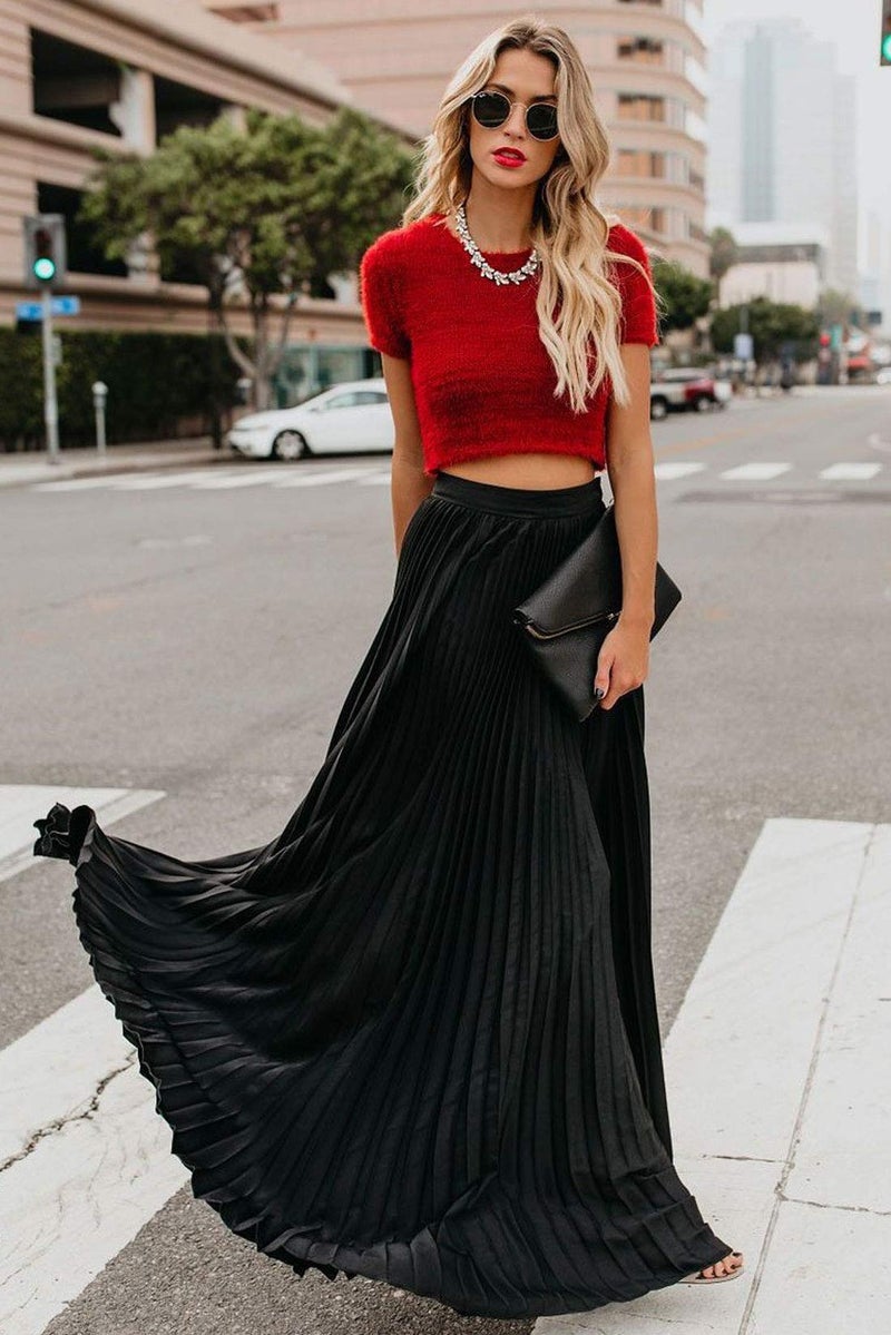 ebossy Women's High Waist Flowy Pleated Chiffon Maxi Skirt (Large, Black) - Image 3